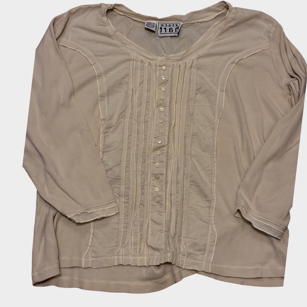 Vintage Keren Hart Cotton Cream Ribbed Pintuck Button Front Top Beige Medium